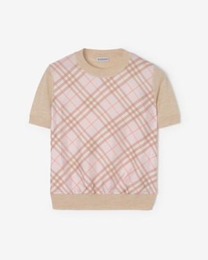 Burberry Check Panel Wool Silk T-Shirt - Pink