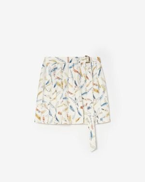 Burberry Pleated Feather-Print Silk Mini Skirt - White