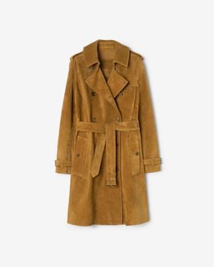 Burberry Mid-Length Suede Kensington Trench Coat - Braun