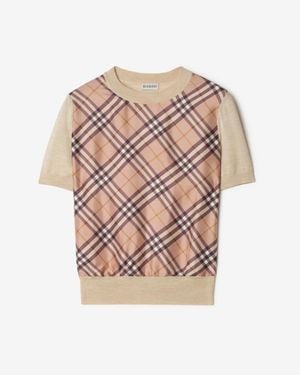 Burberry Check Panel Wool Silk T-Shirt - Natur