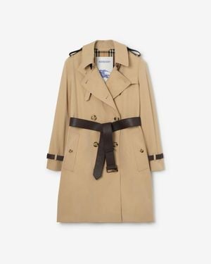 Burberry Mid-Length Leather Trim Kensington Trench Coat - Natural