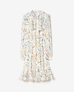 Burberry Ruffled Feather Print Silk Dress - White