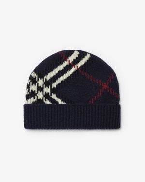 Burberry Check Cashmere Blend Beanie - Blue
