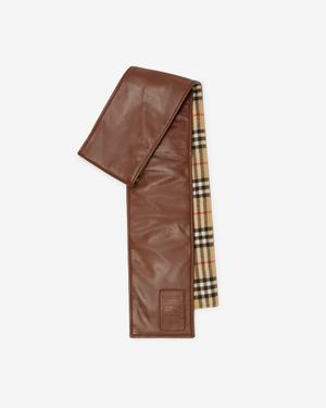 Burberry Narrow Reversible Check And Leather Scarf - Braun
