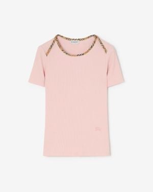 Burberry Check Trim Stretch Cotton T-Shirt - Pink