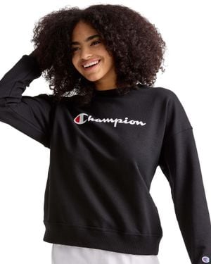 Champion Powerblend Crewneck Sweatshirt, Script Logo - Black