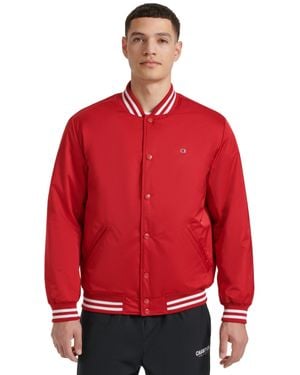 Champion Logo Striped-Trim Varsity Jacket - Red