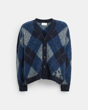 COACH Fuzzy Argyle Cardigan - Blue