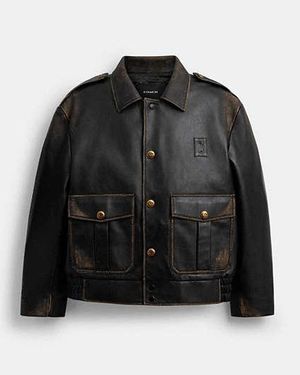 COACH Short Leather Jacket In Loved Leather - Black