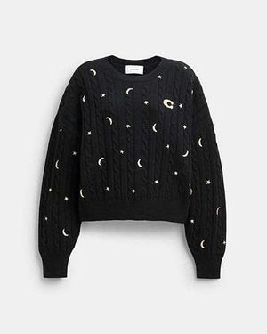 COACH Jersey De Punto Con Cuello Rojoondo Moon And Stars Cable En, Talla Mediano - Negro