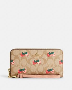 COACH Long Zip Around Wallet In Signature Canvas With Strawberry Print - Natural