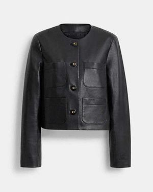 COACH Cazadora De Piel Sin Cuello En, Talla Grande - Negro