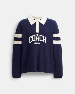 COACH Knit Long Sleeve Graphic Polo - Blue