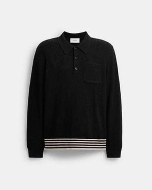 COACH Knit Long Sleeve Pocket Polo - Black