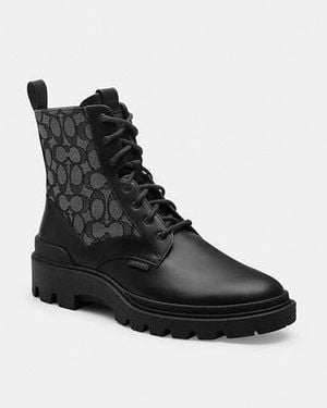 COACH Signature Jacquard Leather Lace-Up Boots - Black