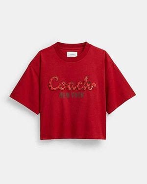 COACH New Year Snake Script Cropped T Shirt In Organic Cotton - Red