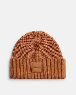 COACH Knit Beanie With Rubber Patch - Brown