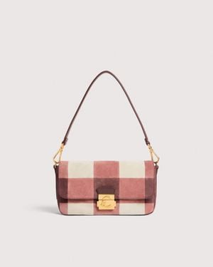 Coccinelle Suede Shoulder Bag With Patchwork Vichy Detailing C-Me Lock Medium - Pink