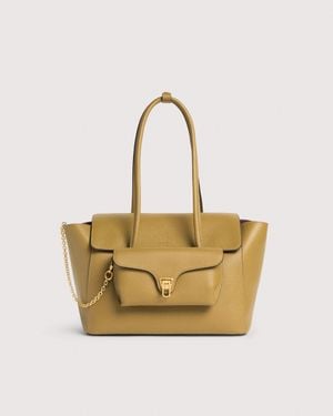 Coccinelle Grained Leather Tote Bag Double Beat Large - Natural