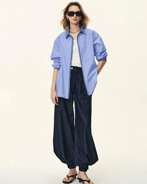 Fabrique Blair Contrast Collar Striped Denim Patchwork Shirt - Blue