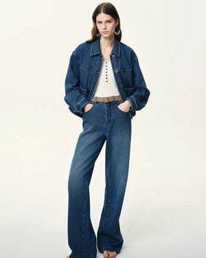 Fabrique Colette Striped Washed Patch Pocket Jacket And Jeans Matching Set - Blue