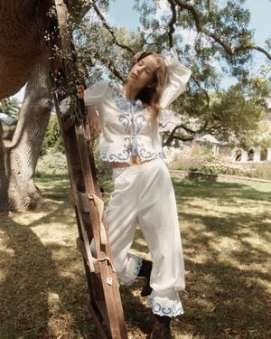 Fabrique Maggie Embroidery Tie Front Sheer Blouse And Trousers - White