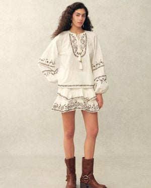 Fabrique Brioche Beaded Tassel Tie Embroidery Blouse And Skirt Set - Natural