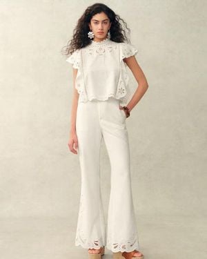 Fabrique Lilou French Cutwork Embroidery Ruffle-Sleeve Top And Pants Matching Set - Natural