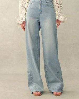 Fabrique Berthe Embossed Flowers Straight Leg Jeans - Blue