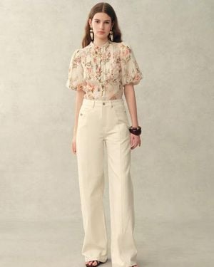 Fabrique Floris Floral Print Sheer Lace Top - Natural