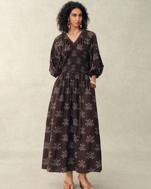Fabrique Cleo Smocked Handpainted Floral Puff Sleeve Midi Dress - Natural