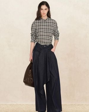 Fabrique Raven Plaid Mock Neck Tie Back Shirt - Natural