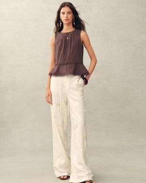 Fabrique John Floral Embroidery Sleeveless Peplum Top - Natural