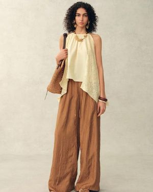 Fabrique Hazel Lace Panel Halterneck Sleeveless Top - Natural