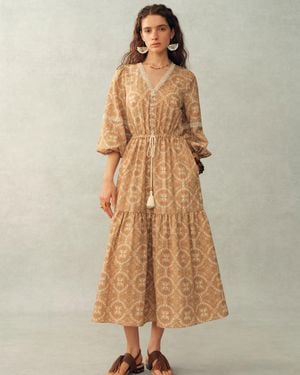 Fabrique Sierra V Neck Lantern Sleeve Maxi Dress - Natural