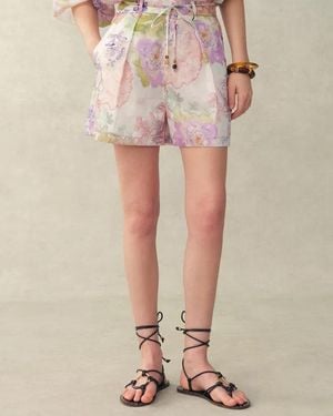 Fabrique Yori Handpainted Floral Print Sheer Beaded Belt Shorts - Pink