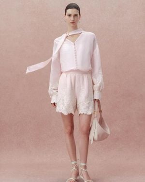 Fabrique Paz Embroidered Blouse And Short Matching Setin Silk-Linen Blend - Pink