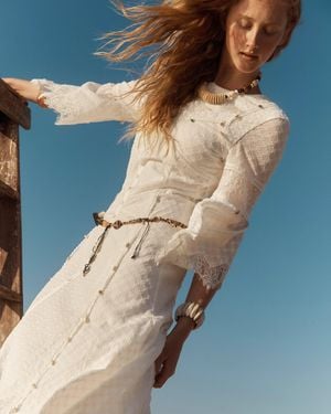 Fabrique Aitana Lace Jacquard Embroidery Long Sleeves Irregular Hem Dress - Blue