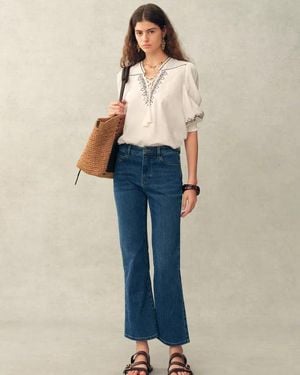 Fabrique Becky Cross Stitch Tie Front Short Sleeve Shirt - Blue
