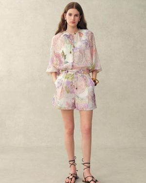 Fabrique Yori Handpainted Floral Print Sheer Beaded Puff Sleeve Blouse - Multicolor