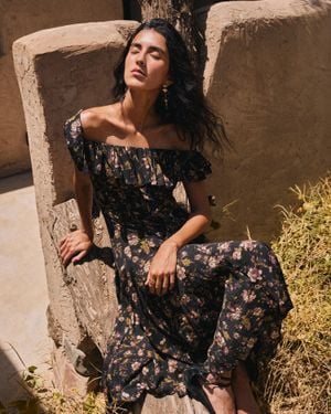 Fabrique Veronica Handpainted Floral Ruffle Dress - Black