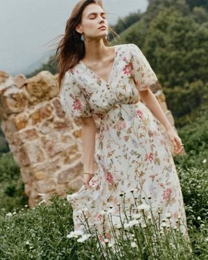 Fabrique Willa Floral Print V Neck Puff Sleeve Dress - Green