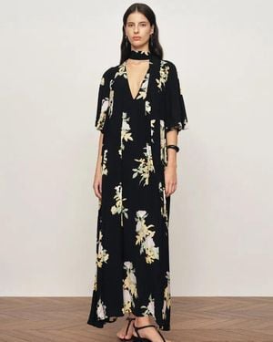 Fabrique Aria Floral Tie Neck Elbow Sleeve Dress - Black