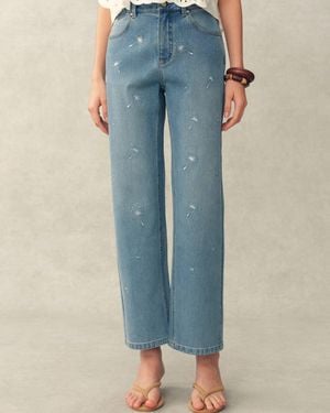 Fabrique Annette Embroidered Crystal Embellished Dandelion Cropped Straight Leg Jeans - Blue