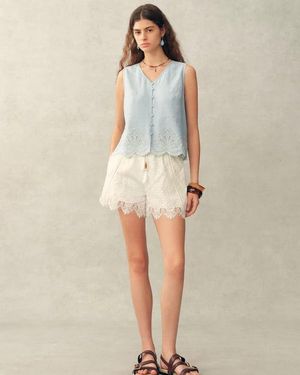 Fabrique Yori Floral Embroidery V Neck Sleeveless Top - Natural