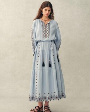 Fabrique Briana Boho Embroidered Drawstring Long Puff Sleeve Dress - Blue
