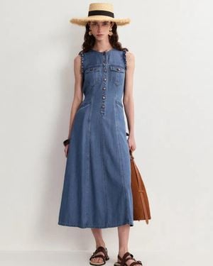 Fabrique Amelia Scallop Buttoned Cinched Midi Dress - Blue