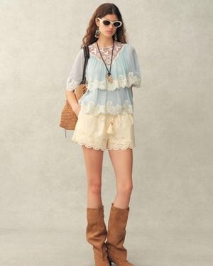 Fabrique Sophia Lace Embroidery Summer Cape Short Sleeve Blouse - Natural