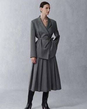 Fabrique Kano Single Button Tie Waist Blazer And Skirt Matching Sets - Grey