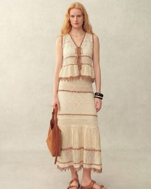 Fabrique Malia Colourblock Sleeveless V Neck Top & Skirt Knit Set - Natural